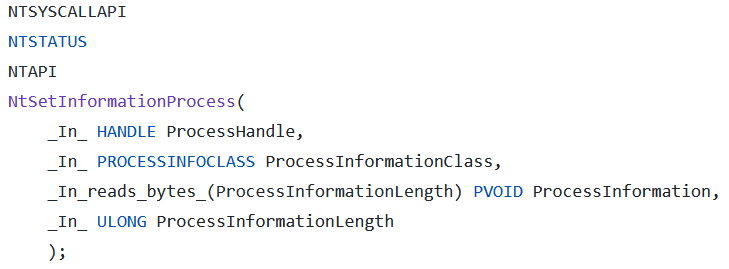 Prototype of NtSetInformationProcess