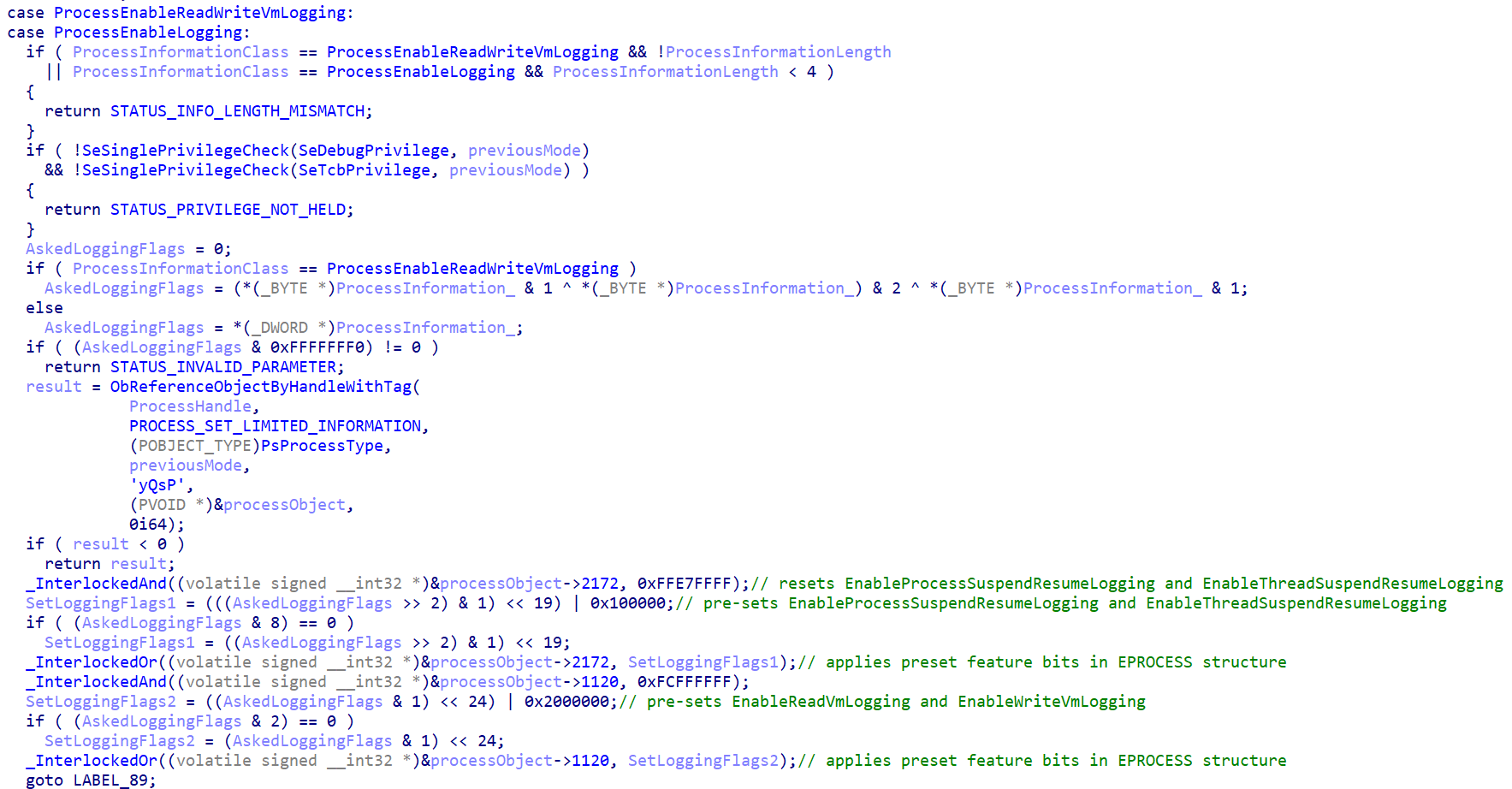 Reverse-engineered source code of NtSetInformationProcess