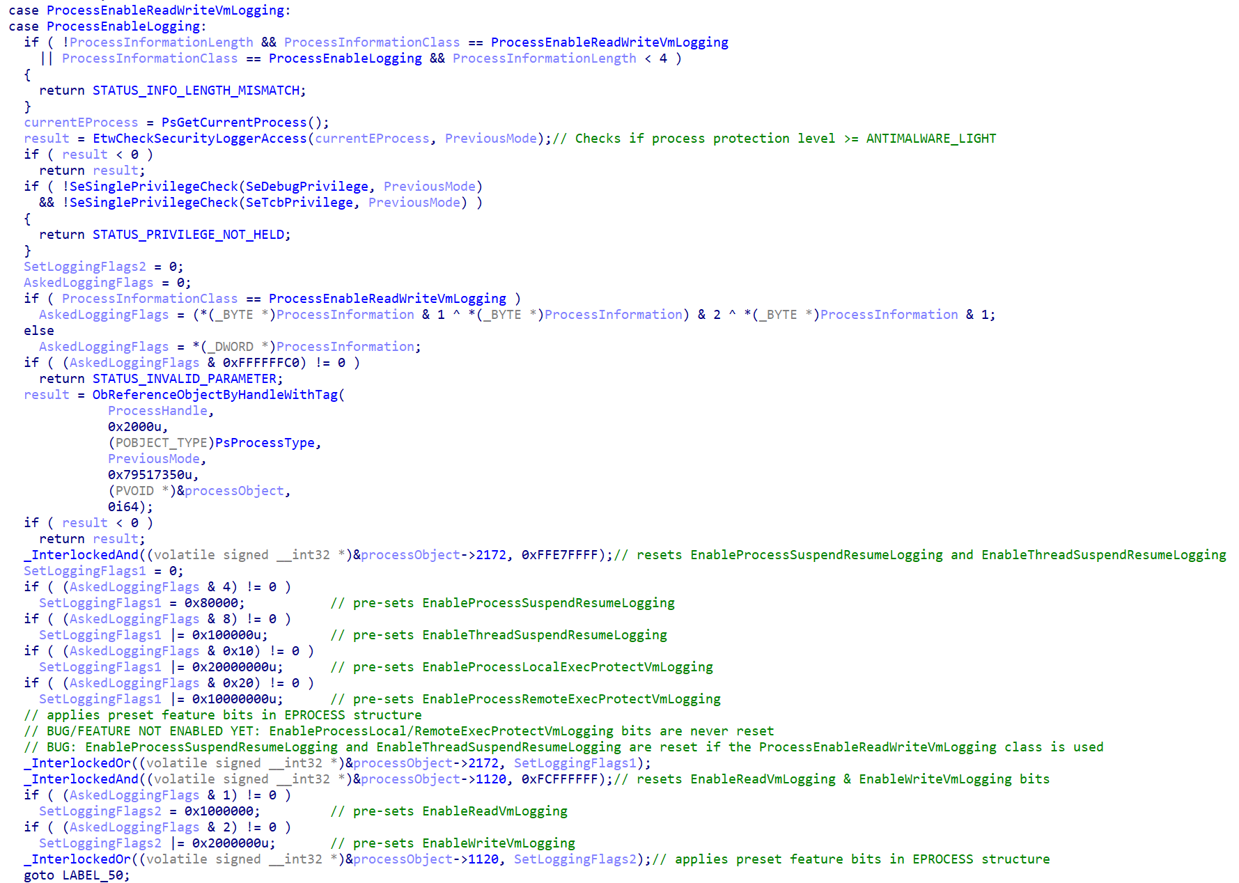 Reverse-engineered source code of NtSetInformationProcess on Windows 11