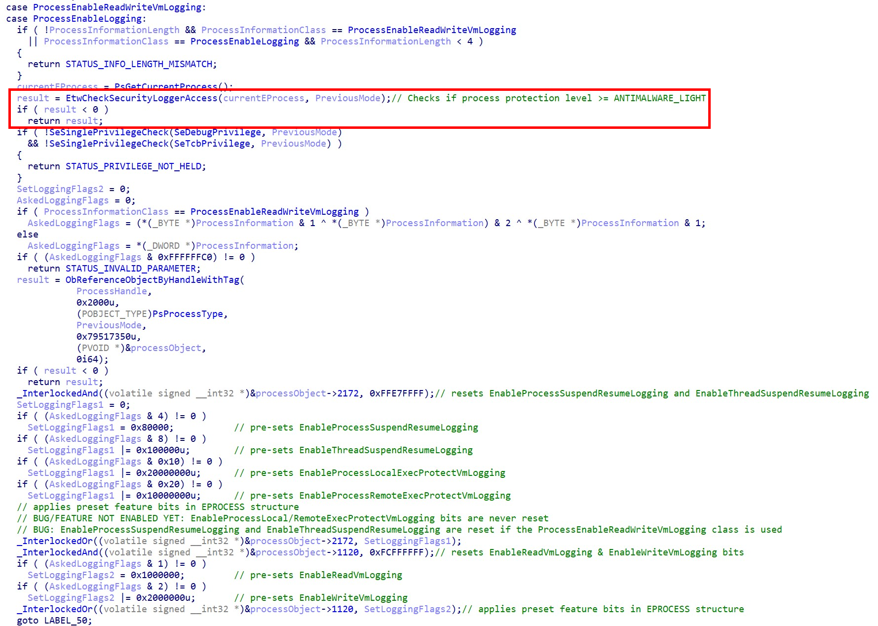 Reverse-engineered source code of NtSetInformationProcess on Windows 11