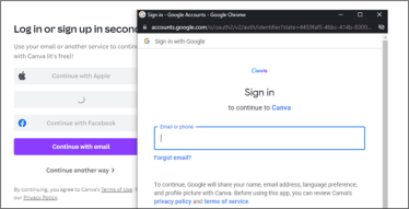 Image montrant la technique du de "Browser-in-browser", avec l'affichage d'une fausse pop up qui montre une url de confiance