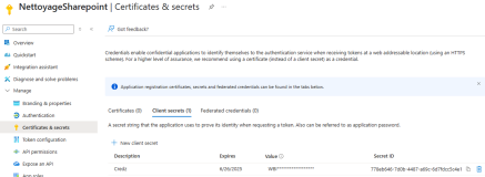 Certificats et secrets de l'App Registration