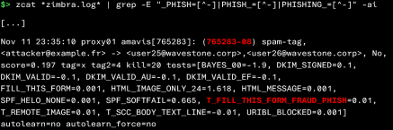Récupération des messages catégorisés comme phishing par SpamAssassin (zimbra.log) (1/2)