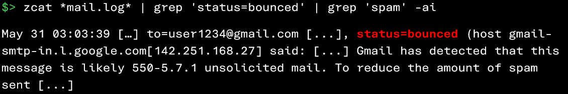 Retrieval of events related to outgoing spam