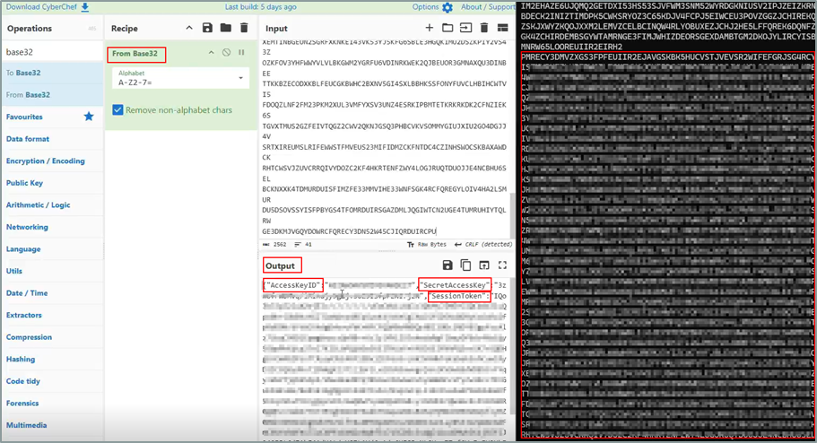 Payload Base32 décodé révélant des identifiants AWS